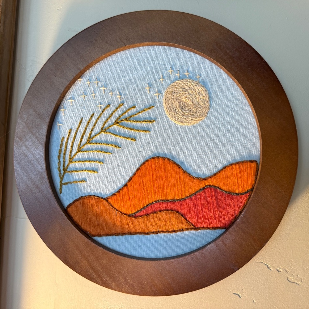 Hand-Embroidered Sunset Landscape Hoop Wall Art - Orange & Red